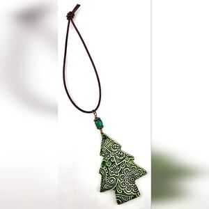Handmade Kiln Fired Ceramic Christmas Tree Beaded Ornament with Leather Rope